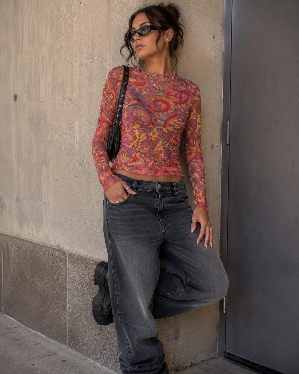 Vintage Phard Girl Italy Sheer Mesh Paisley Long Sleeve Top Y2K Stretch S/M